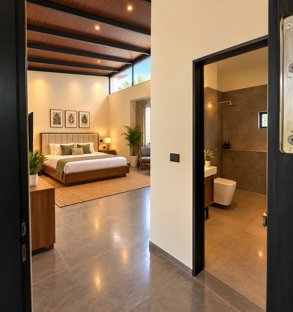Bedroom suite with vaulted timber ceiling and en-suite rain shower