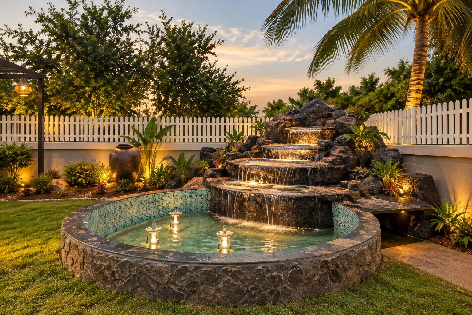 Tiered rock waterfall into a mosaic pool with floating lanterns