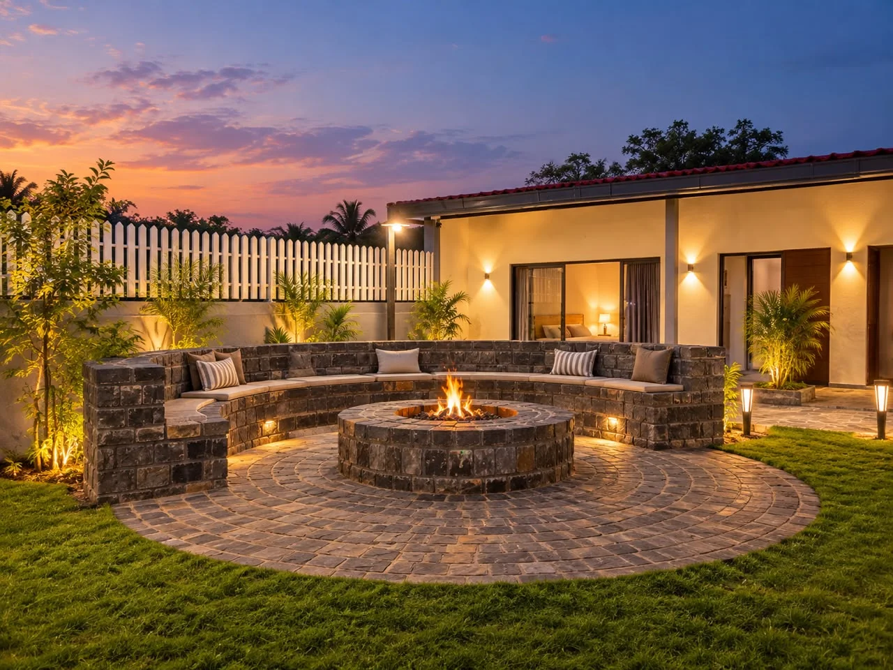 Round stone fire pit with curved cushioned seating