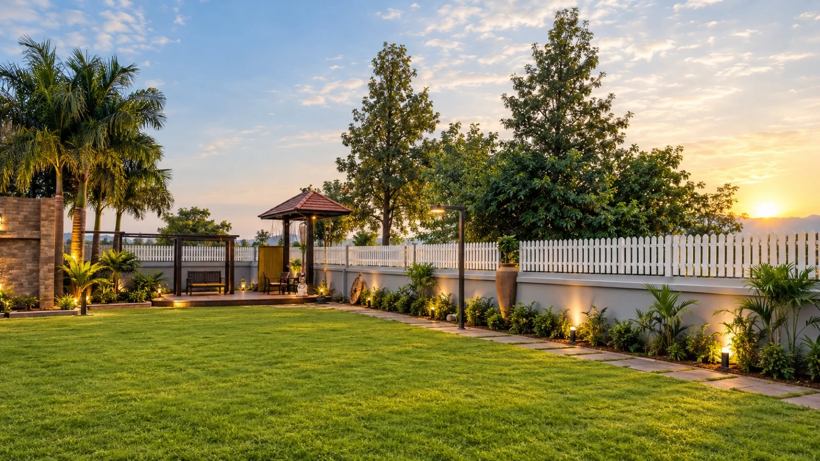 Pagoda gazebo on a timber deck at sunset