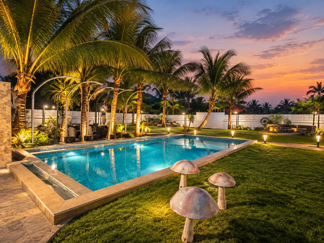 Swimming pool framed by coconut palms and arched lounge canopies