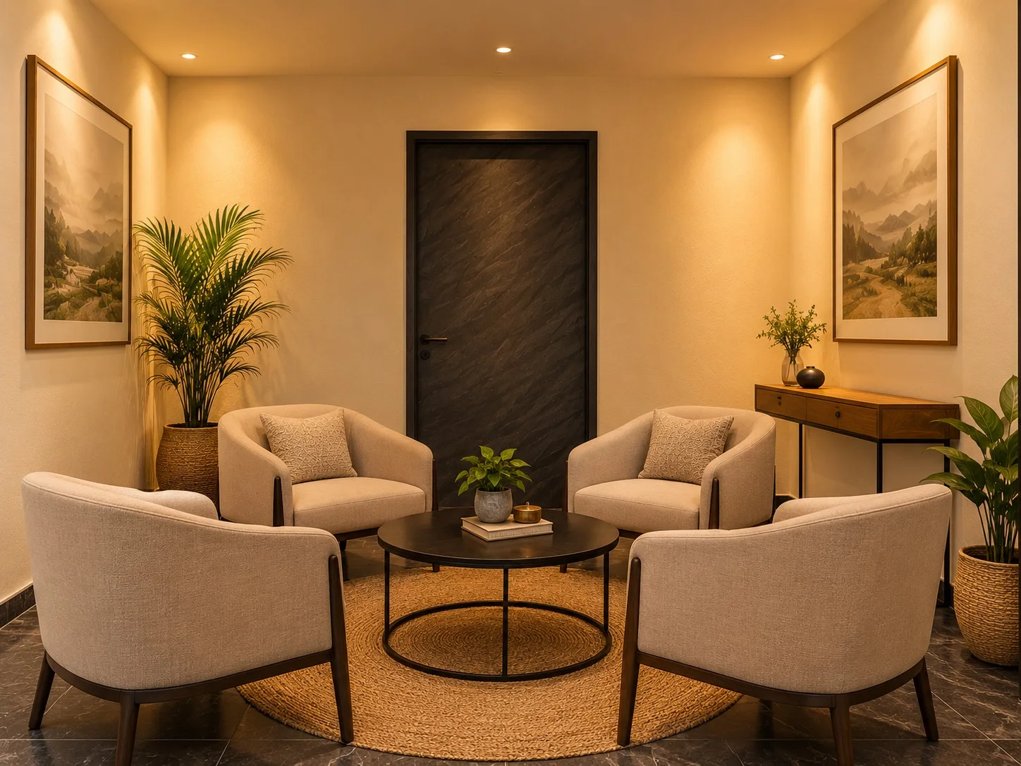 Intimate sitting room with four armchairs around a round table