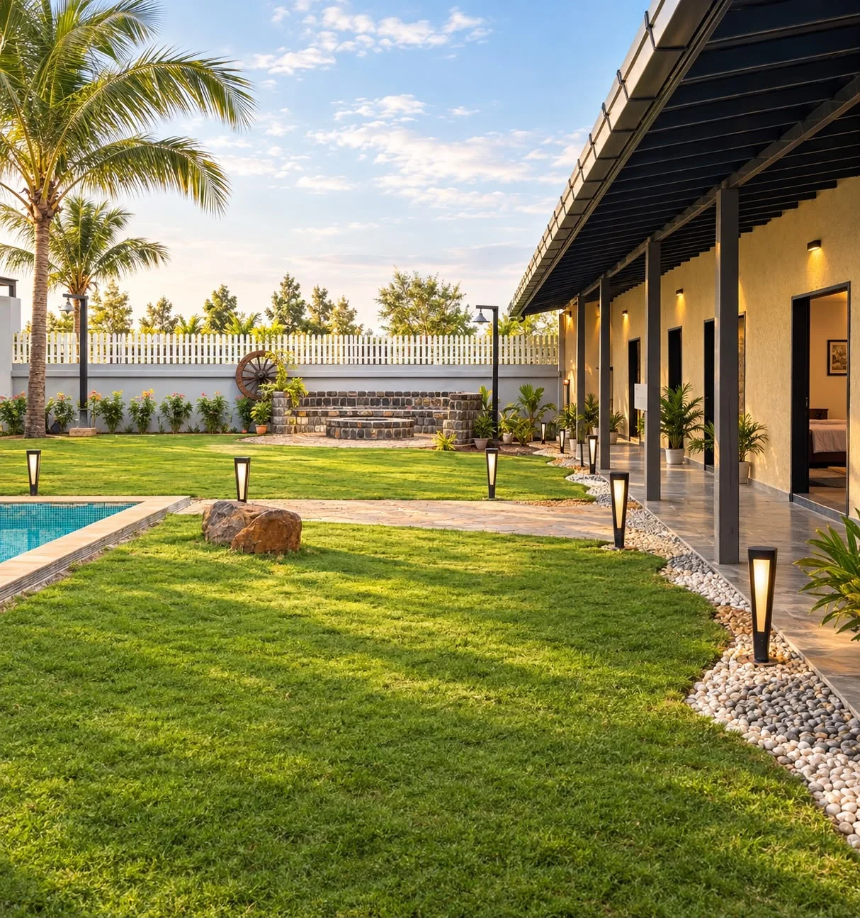 Covered veranda with suites opening onto the lawn and pool